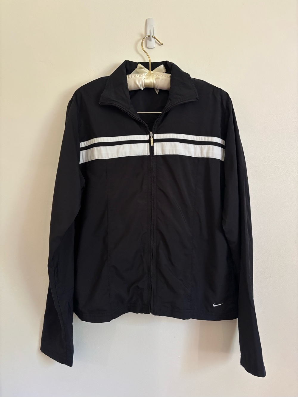Nike Women’s Black Jacket with White Stripes - Lightweight Zip-Up